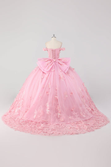 Prinsesse Blush Rosa Ballkjole Off the Shoulder Beaded Butterfly Tyll Quinceanera Kjole med Sløyfe
